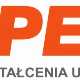 Pomarańczowe logo firmy EXPERT Ośrodek Kształcenia Ustawicznego, z szarym ukośnym paskiem przecinającym literę X.