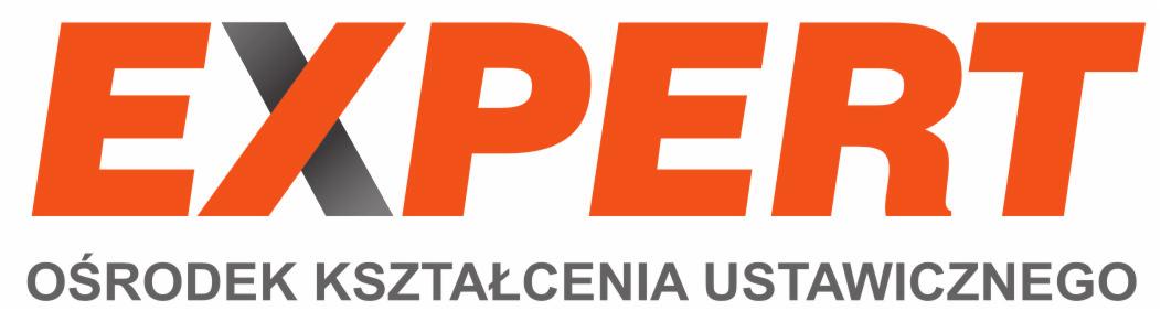 Pomarańczowe logo firmy EXPERT Ośrodek Kształcenia Ustawicznego, z szarym ukośnym paskiem przecinającym literę X.