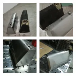 Cztery ujęcia zbiorników: jeden nowy, metalowy zbiornik z widocznymi spawami i drugi stary, czarny zbiornik z uszkodzeniami i taśmą naprawczą, oba o trójkątnym przekroju.