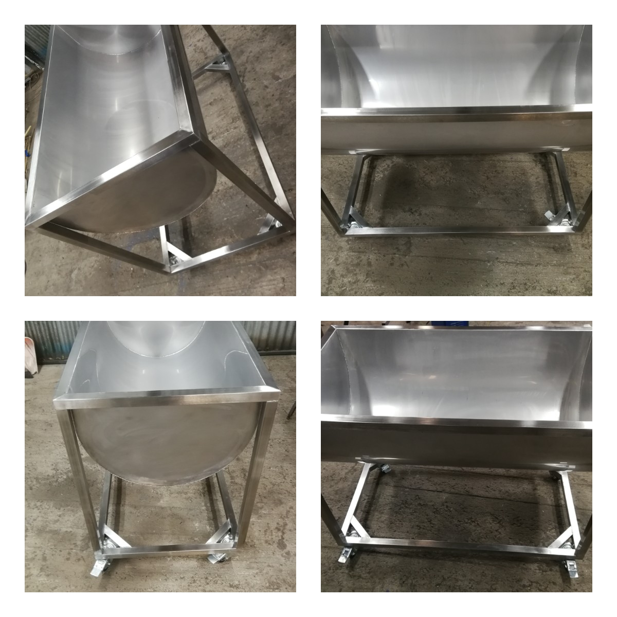 Cztery ujęcia metalowej wanny na kółkach z nierdzewnej stali, spawana konstrukcja ramy, gładkie wykończenie, widoczne spawy i detale montażowe.