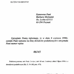Skan pisma urzędowego z 1998 roku informującego Barbarę Michalak o wpisaniu na listę doradców podatkowych, zawierający numer wpisu 06145 oraz podstawę prawną.