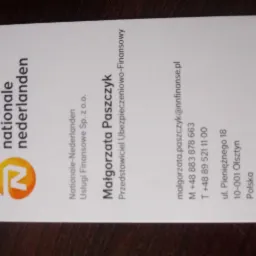 Wizytówka Małgorzaty Paszczyk, przedstawiciela ubezpieczeniowo-finansowego Nationale Nederlanden, z logo firmy, danymi kontaktowymi i adresem.