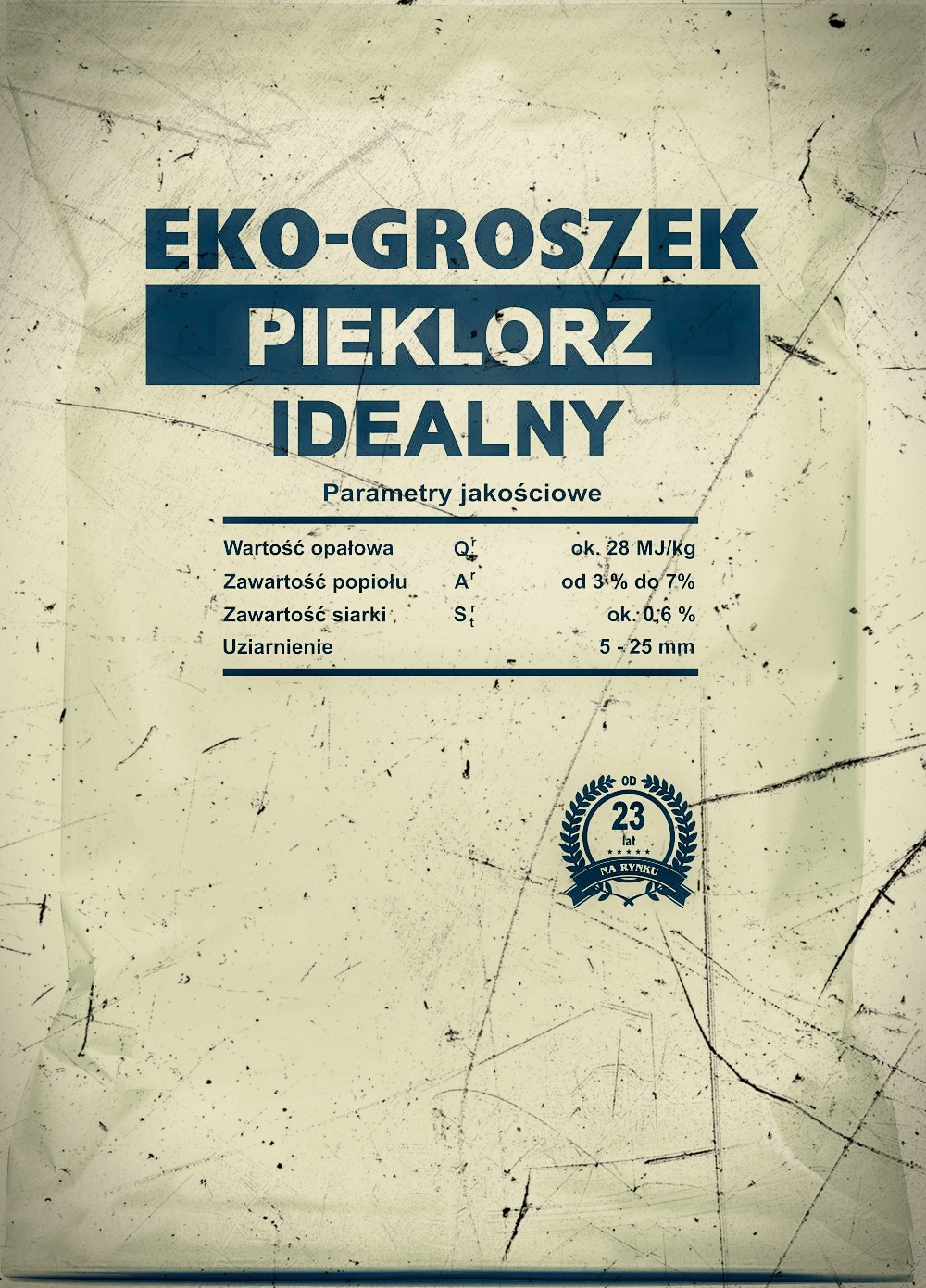 Plakat informacyjny prezentujący parametry jakościowe ekogroszku Pieklorz Idealny, z wartością opałową ok. 28 MJ/kg, zawartością popiołu od 3% do 7%, zawartością siarki ok. 0,6% i uziarnieniem 5-25...