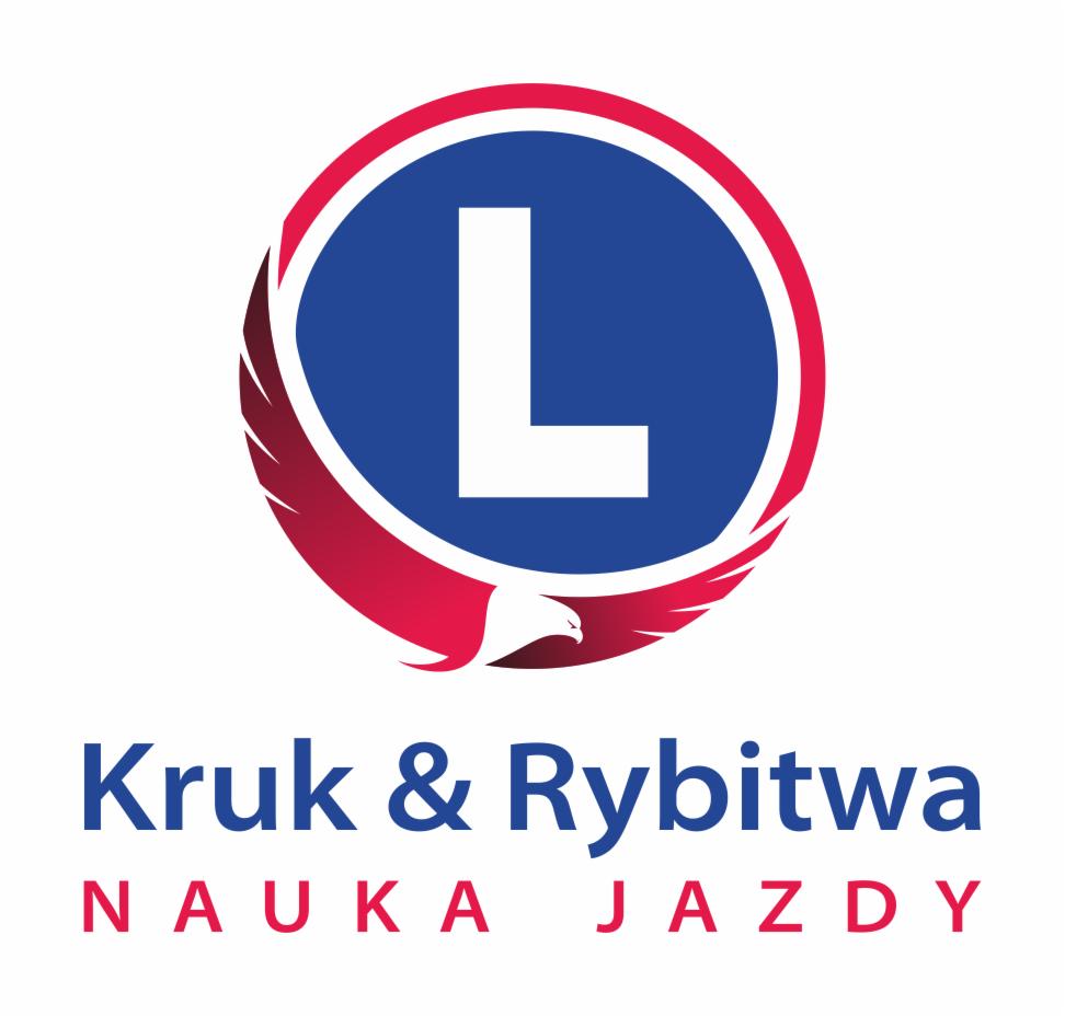 Logo szkoły nauki jazdy 'Kruk & Rybitwa' z symbolem 'L' w okręgu z motywem orła. Nazwa firmy i dopisek 'Nauka Jazdy' w kolorze niebieskim.