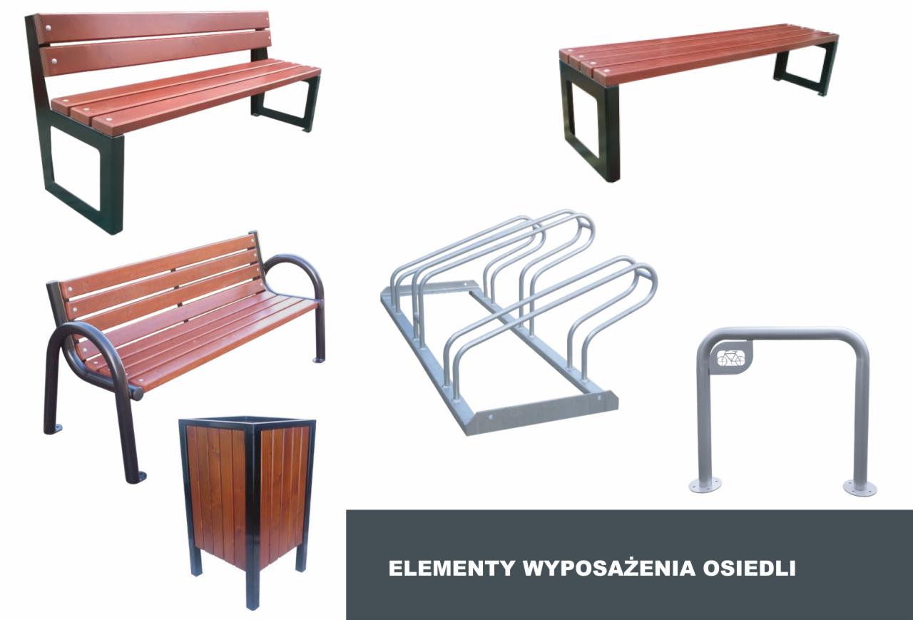 Zestaw elementów małej architektury miejskiej: trzy rodzaje ławek z drewna i metalu, metalowy stojak na rowery oraz kosz na śmieci z drewnianą obudową i metalową ramą, na białym tle.