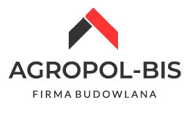 Logo firmy budowlanej AGROPOL-BIS z czerwono-czarnym symbolem dachu nad nazwą i dopiskiem 'FIRMA BUDOWLANA'.