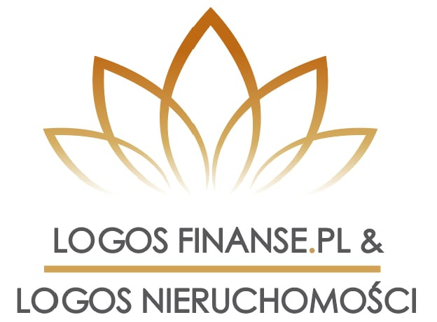 Logo firmy Logos Finanse i Logos Nieruchomości z motywem kwiatowym w kolorze złotym.