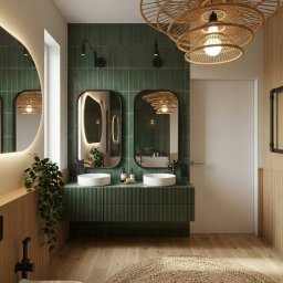 martarudnicka.art - Nowoczesna łazienka z zielonymi płytkami, drewnianymi akcentami i okrągłymi lustrami z podświetleniem LED. Uwagę przykuwa designerska lampa z naturalnych materiałów.