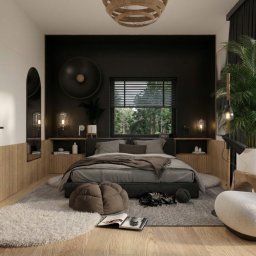 martarudnicka.art - Nowoczesna sypialnia z czarną ścianą, drewnianymi panelami i dużym oknem z widokiem na zieleń. Wnętrze dopełnia puszysty dywan i designerski fotel.
