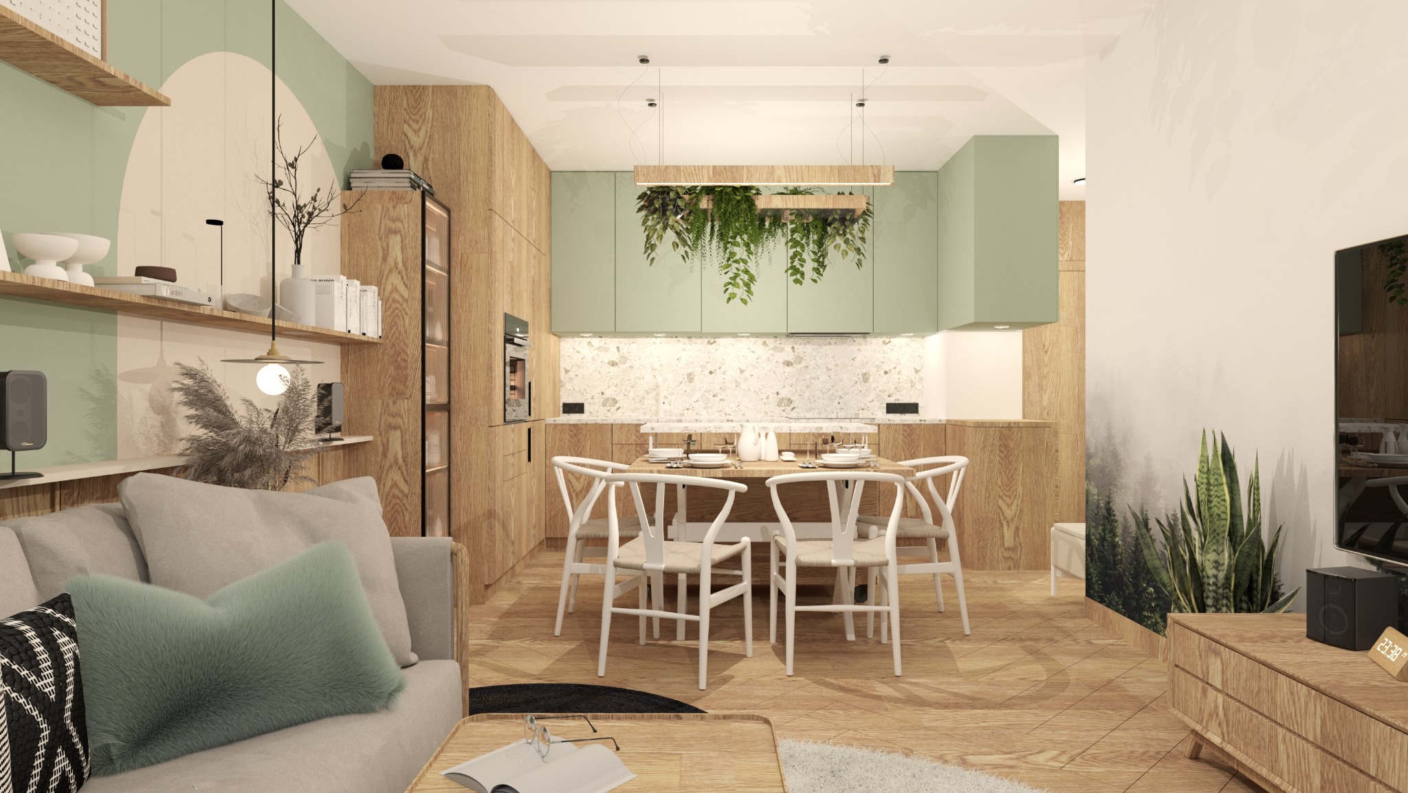 Wizualizacja wnętrza mieszkania: salon z jadalnią w stylu skandynawskim, drewniane meble, zielone akcenty kolorystyczne, rośliny wiszące nad stołem jadalnianym.