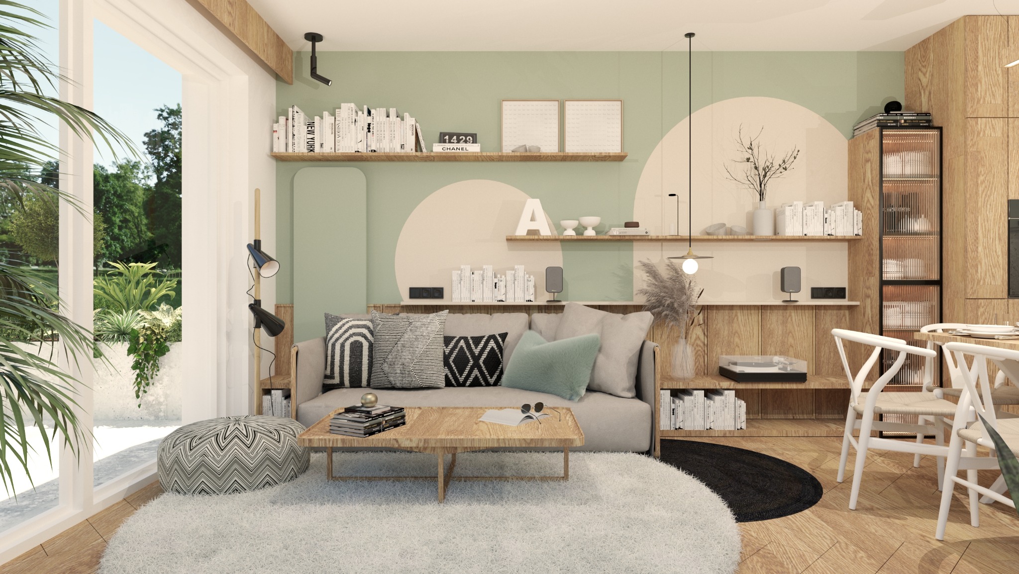 Jasne wnętrze salonu z drewnianymi elementami, sofą z dekoracyjnymi poduszkami, stolikiem kawowym, półkami z książkami i dekoracjami, oraz jadalnią z białymi krzesłami.