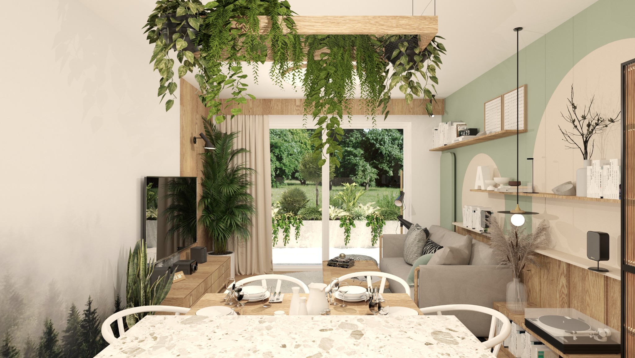 Jasne wnętrze salonu z elementami roślinnymi: wiszące rośliny, ściana z motywem lasu, stół z blatem lastryko, szara sofa, drewniane półki z dekoracjami.