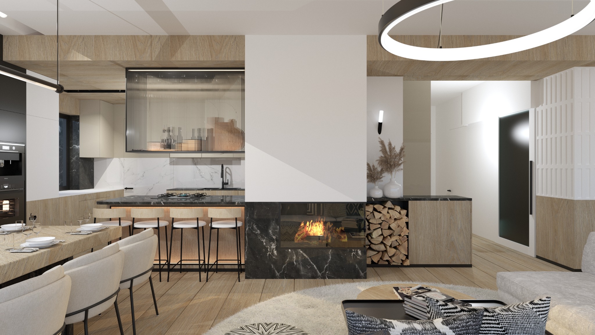 Wnętrze mieszkania z otwartą kuchnią, marmurowym kominkiem z paleniskiem, drewnianymi akcentami i okrągłą lampą sufitową.