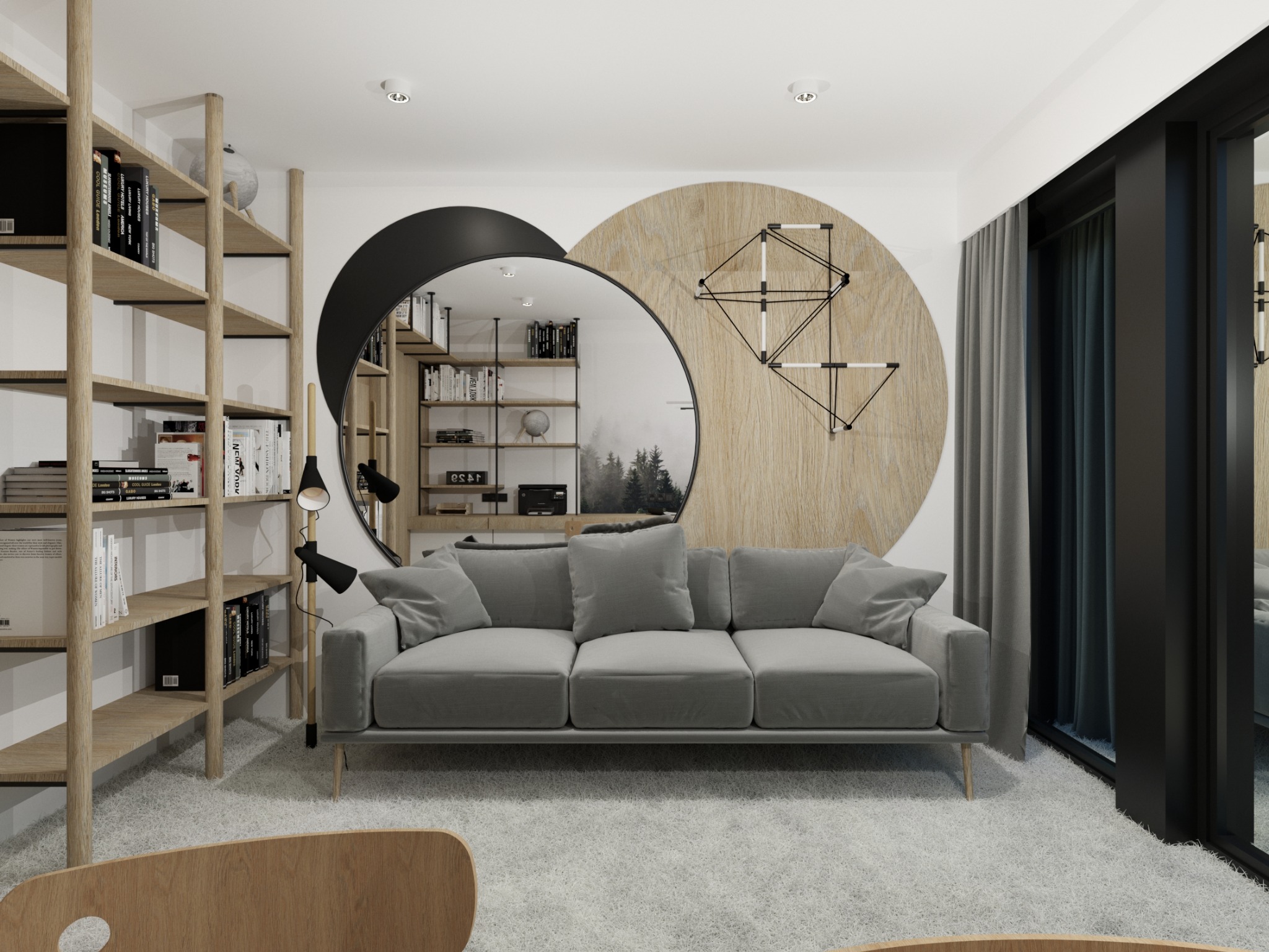 Nowoczesny salon z szarą sofą, drewnianym regałem na książki i dekoracyjnym lustrem z czarną obwódką na tle drewnianej ściany z geometryczną ozdobą.