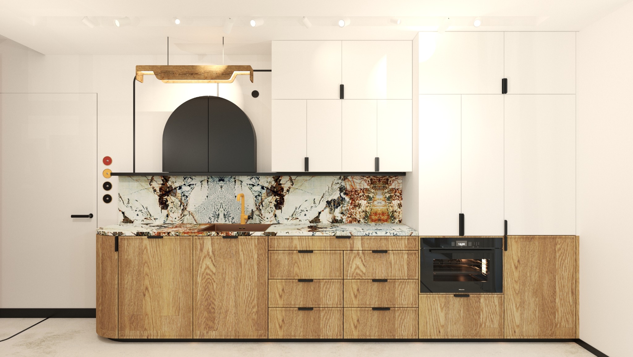 Nowoczesna kuchnia z drewnianymi frontami, marmurowym blatem i backsplash'em, czarne uchwyty, piekarnik Miele, okrągły pochłaniacz, oświetlenie LED.
