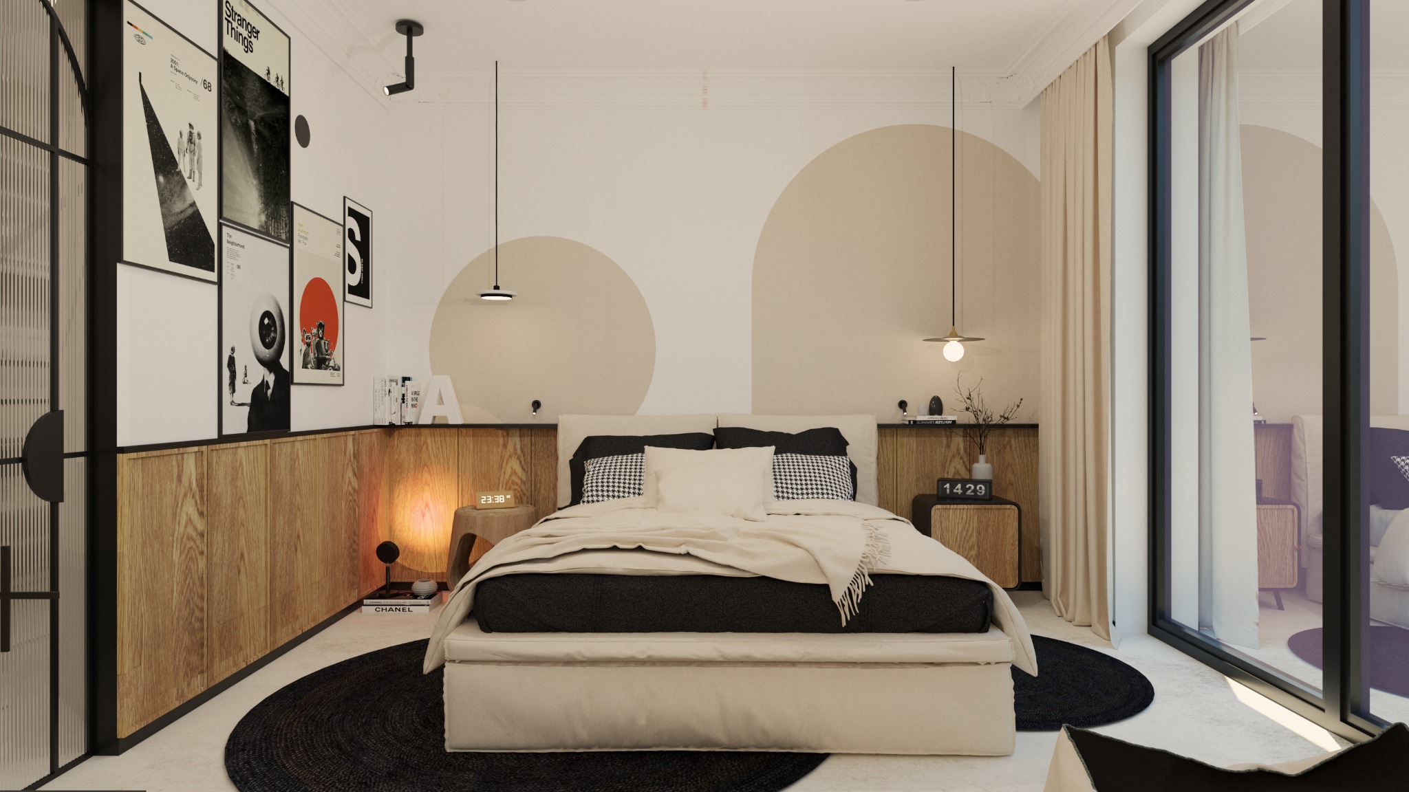 Nowoczesna sypialnia z beżowymi okręgami na ścianie, drewnianą boazerią, plakatami i czarnym dywanem. Dwa wiszące światła z żarówkami. Na szafce nocnej stoi zegar z godziną 23:38.