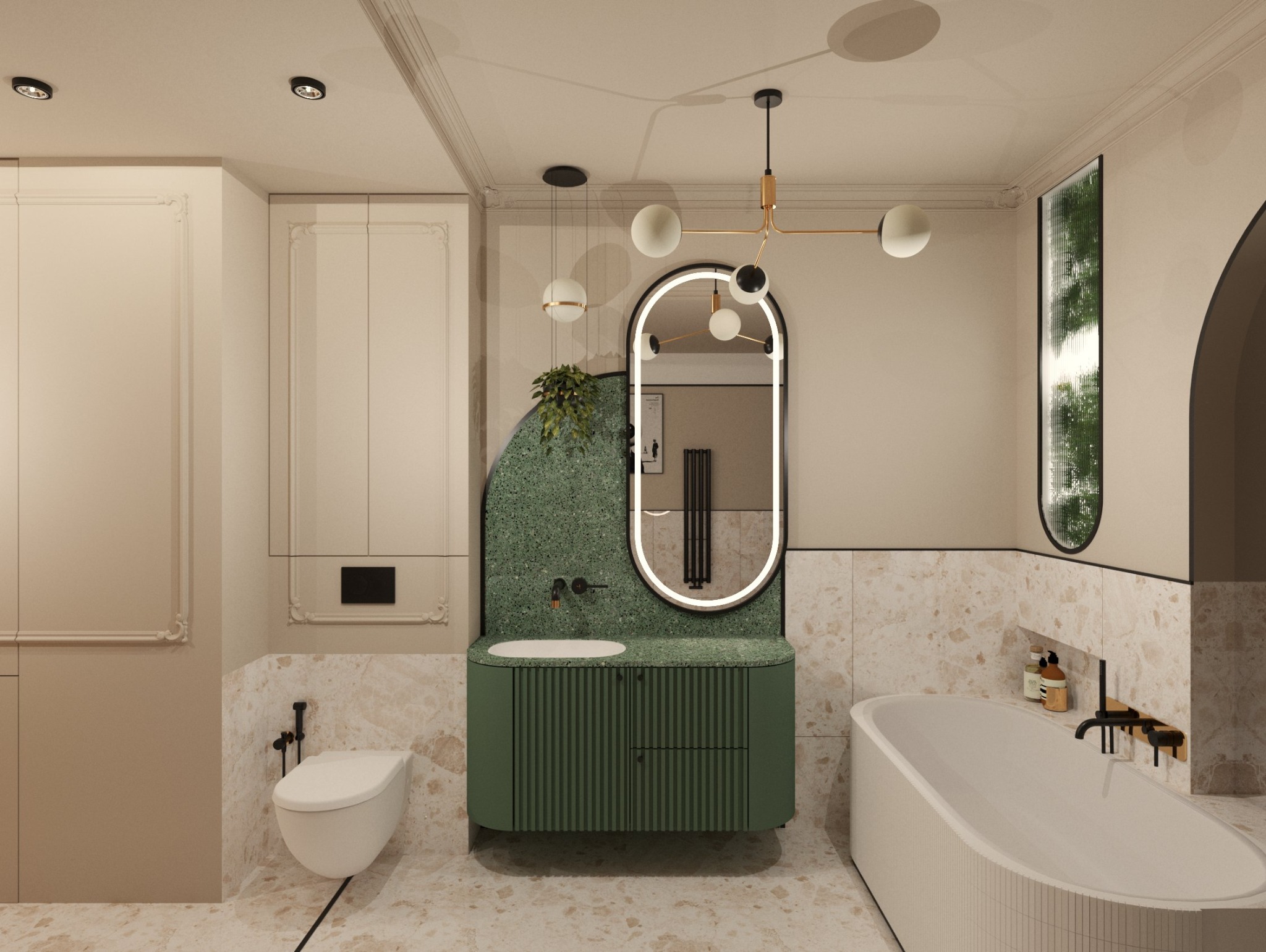 Elegancka łazienka z zieloną szafką pod umywalką, podświetlanym lustrem w kształcie łuku, wolnostojącą wanną i oknem z widokiem na zieleń.