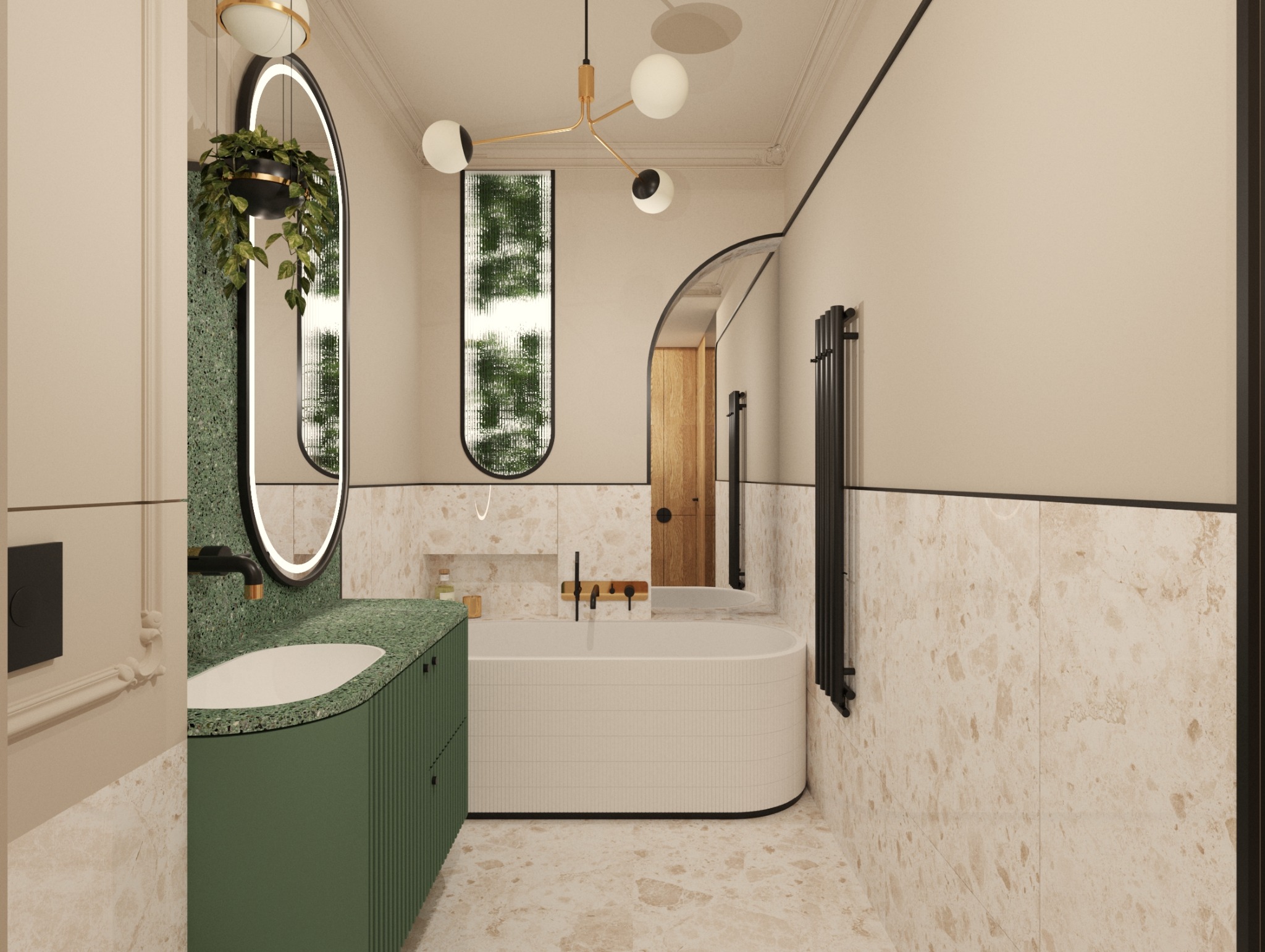 Nowoczesna łazienka z umywalką na zielonym blacie z terazzo, owalnym lustrem z podświetleniem LED i rośliną doniczkową, białą wanną obłożoną drobną mozaiką oraz grzejnikiem drabinkowym w kolorze...