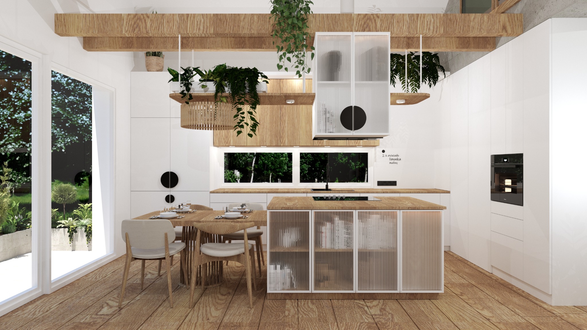 Jasna kuchnia z drewnianymi akcentami, wyspą z ryflowanymi szybami, stołem z krzesłami i roślinami wiszącymi.