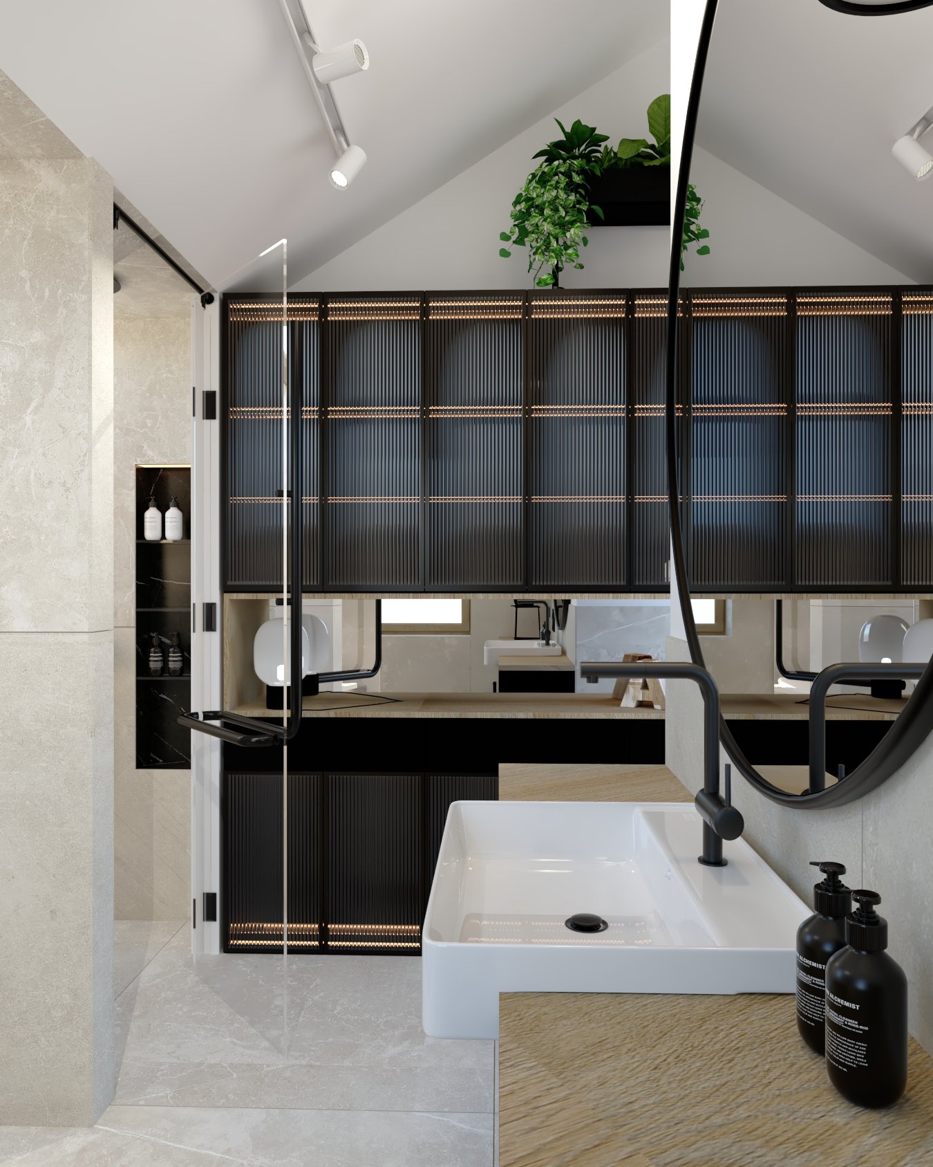 Nowoczesna łazienka z białymi sanitariatami, czarną armaturą i szafkami z lamelami, oświetlona punktowo, z rośliną doniczkową na górze szafek.
