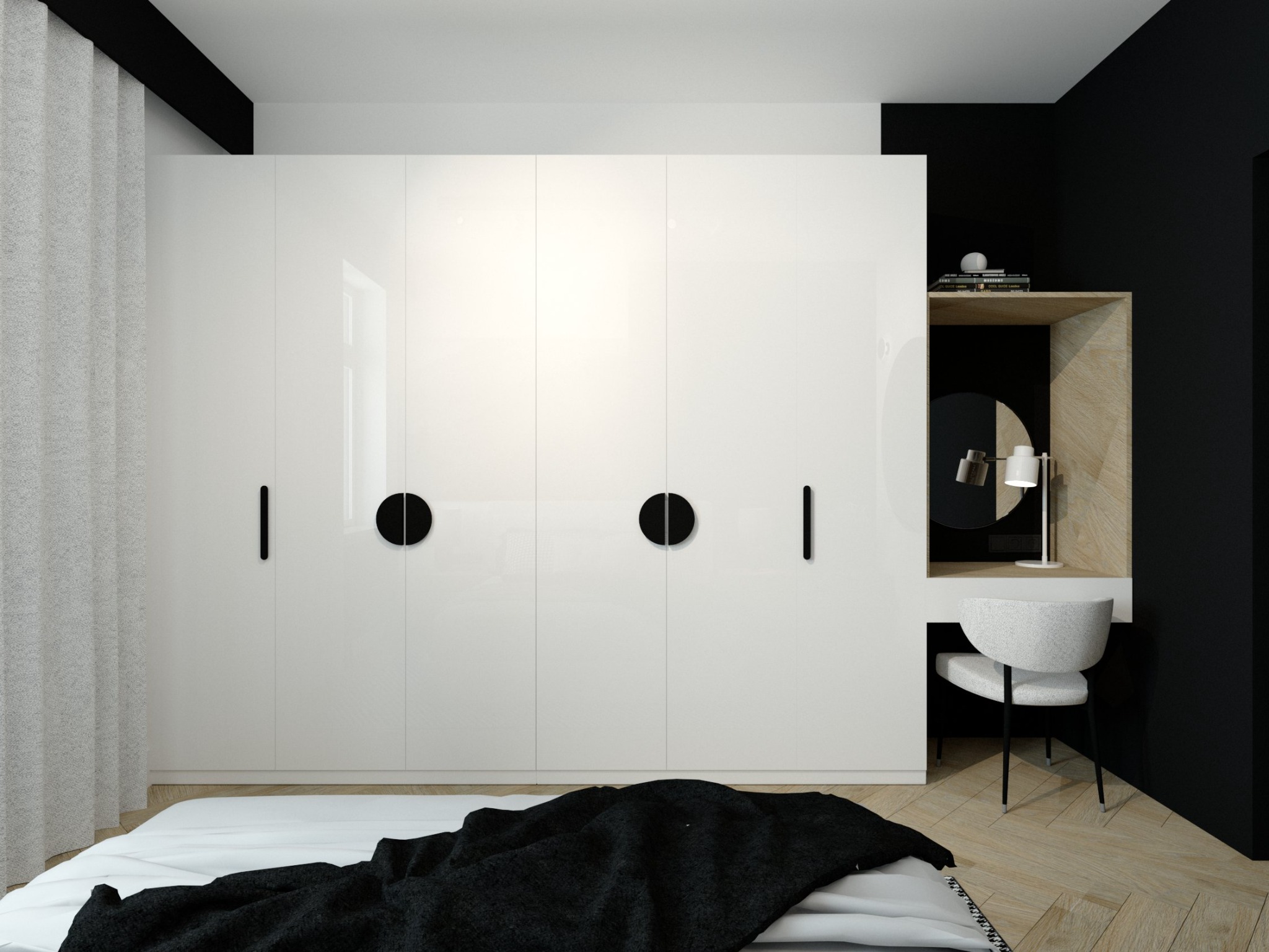 Minimalistyczna sypialnia z białymi, błyszczącymi szafami w zabudowie, czarnymi okrągłymi i podłużnymi uchwytami, biurkiem z okrągłym lustrem i lampką oraz krzesłem tapicerowanym tkaniną boucle.