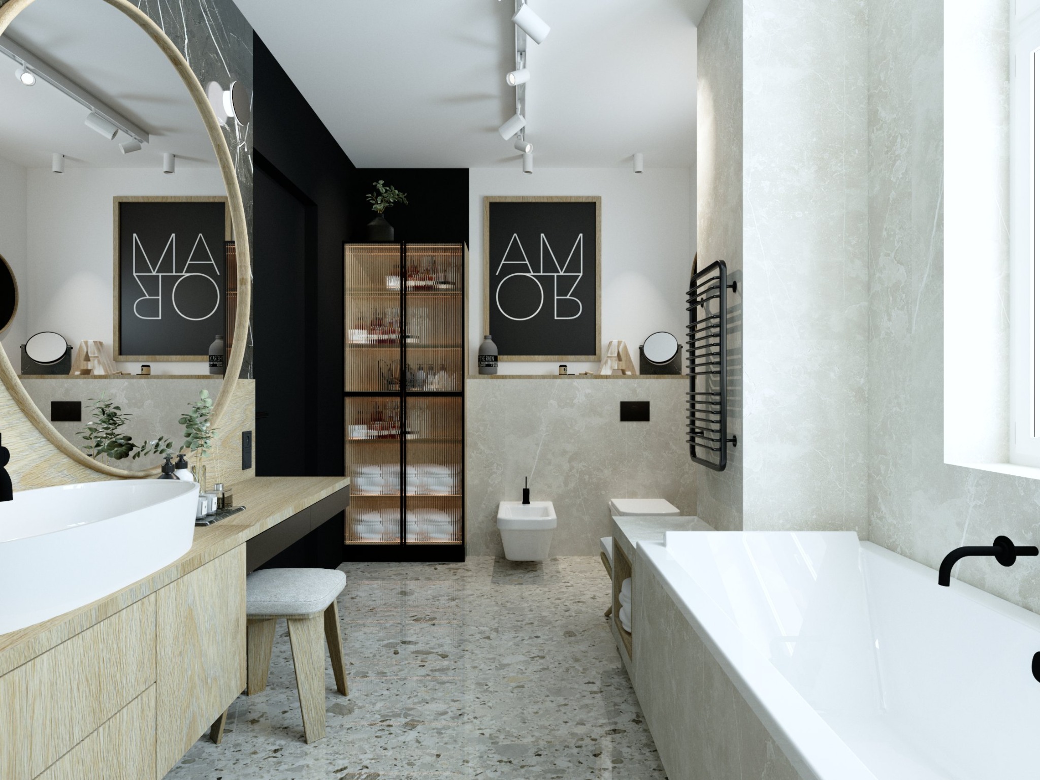 Nowoczesna łazienka z owalnym lustrem w drewnianej ramie, białą umywalką nablatową, szafką z drewnianymi frontami, szarą tapetą, czarnymi akcentami i podłogą z terazzo.