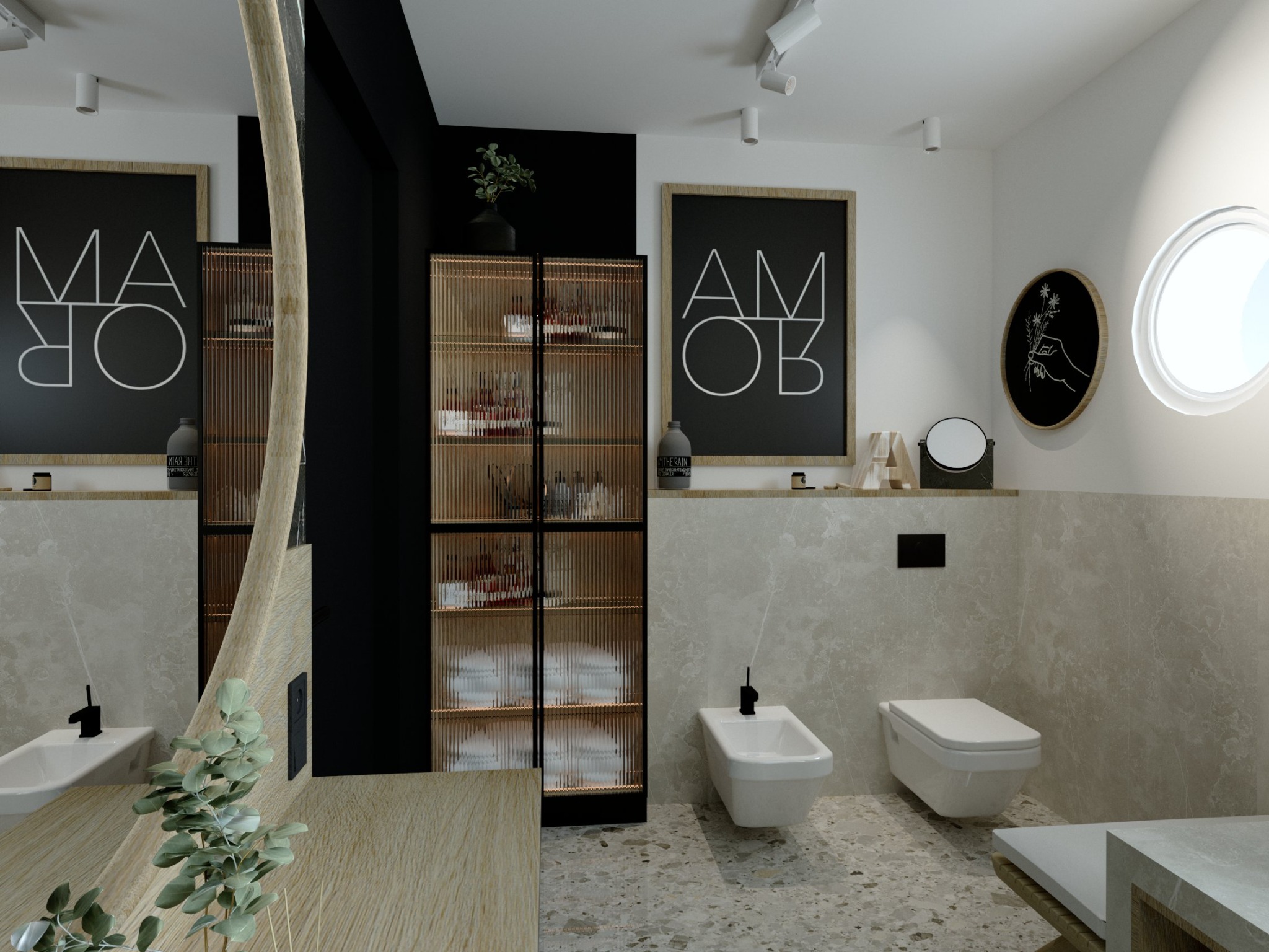 Nowoczesna łazienka z beżowymi płytkami, wiszącą toaletą i bidetem, szafką z przeszklonymi drzwiami wypełnioną kosmetykami i ręcznikami, okrągłym oknem oraz dekoracyjnymi plakatami w czarnych ramach.