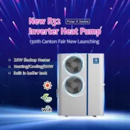 Grafika reklamowa inwerterowej pompy ciepła Polar X Series R32 z dwoma wentylatorami, informująca o nowej premierze na targach Canton Fair, z listą cech: grzałka rezerwowa 2kW...