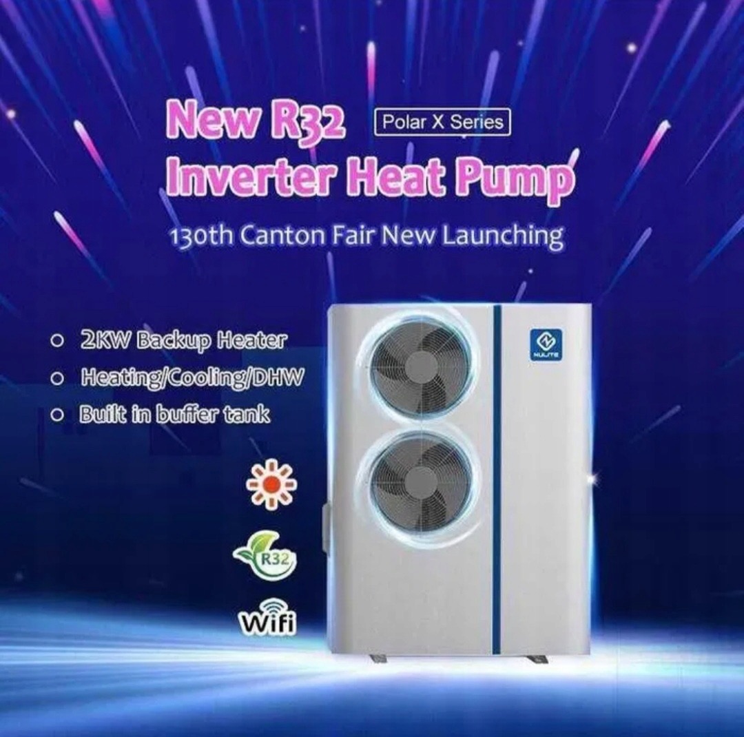 Grafika reklamowa inwerterowej pompy ciepła Polar X Series R32 z dwoma wentylatorami, informująca o nowej premierze na targach Canton Fair, z listą cech: grzałka rezerwowa 2kW...