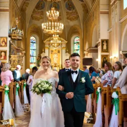 Para młoda w kościele, on w butelkowej zieleni smokingu, ona w białej sukni z bukietem. Dekoracje kwiatowe na ławkach, goście po bokach. W tle ołtarz i witraże.