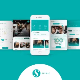 Zrzut ekranu aplikacji mobilnej do rezerwacji usług fryzjerskich i kosmetycznych, z widocznymi opcjami rezerwacji wizyt, promocjami salonów i wyszukiwarką usług.