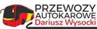 Logo firmy oferującej przewozy autokarowe Dariusza Wysockiego, z graficzną ilustracją czerwono-czarnego autokaru.