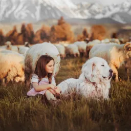 Dziewczynka siedzi na trawie obok owczarka podhalańskiego, w tle stado owiec i górski krajobraz o zachodzie słońca.