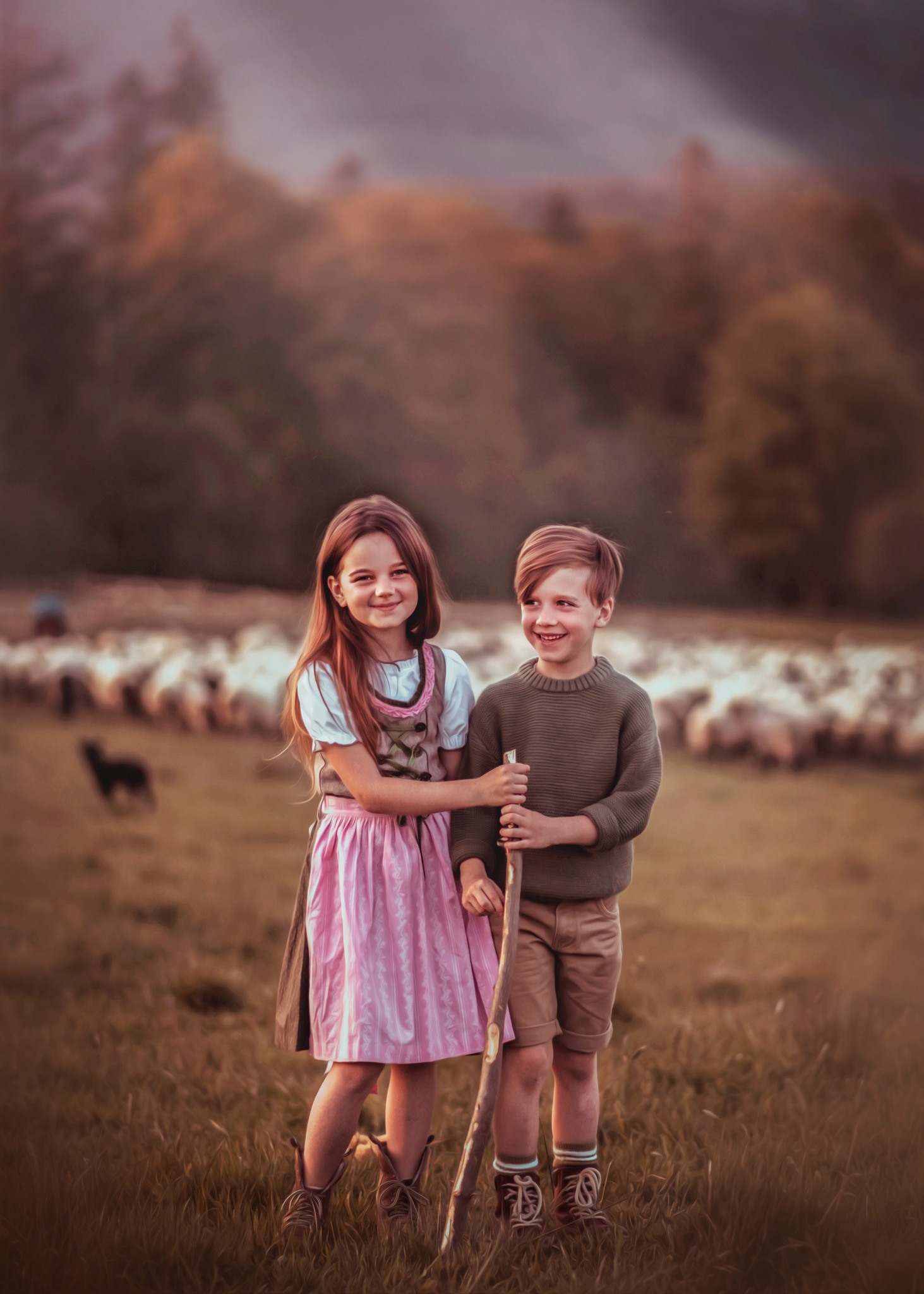 Uśmiechnięte dzieci, dziewczynka w dirndl, chłopiec w swetrze, stojące na łące z pastwiskiem owiec w tle, trzymające drewnianą laskę.