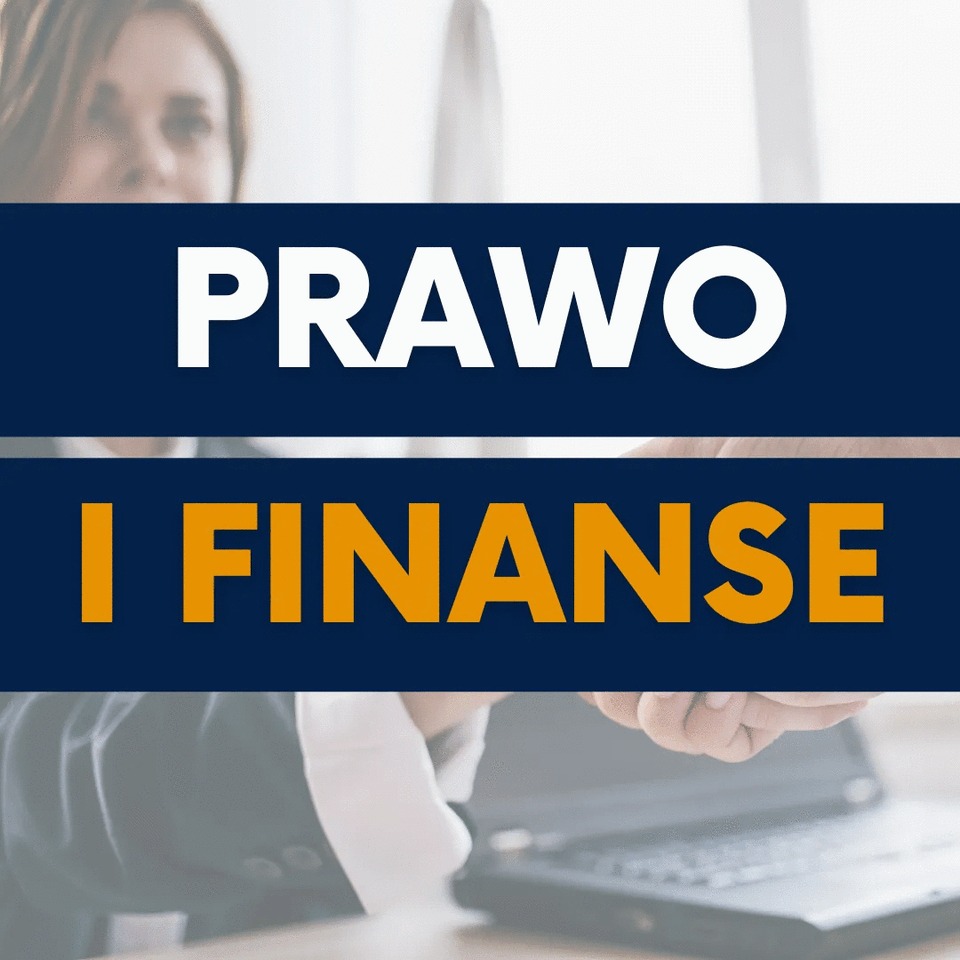 Grafika z napisem 'Prawo i Finanse' na granatowym tle, częściowo zasłaniająca dłonie nad klawiaturą laptopa, sugerująca połączenie usług prawnych i finansowych.