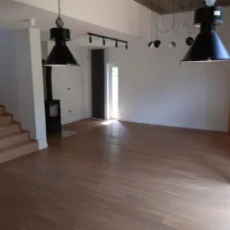 Salon z drewnianą podłogą, betonowym sufitem i industrialnymi lampami wiszącymi, widoczny kominek.