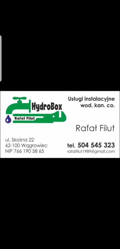 Wizytówka firmy HydroBox Rafał Filut oferującej usługi instalacyjne wodno-kanalizacyjne, z zielonym logo przedstawiającym kran i kroplę.