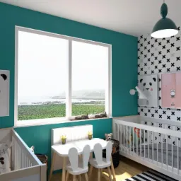 Pokój dziecięcy dla bliźniaków z dwoma białymi łóżeczkami, białym stolikiem z krzesełkami w kształcie królików, turkusową ścianą i tapetą w czarne krzyżyki, ozdobiony plakatami z motywami zwierzęcymi.