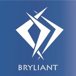 BRYLIANT Zarządzanie Nieruchomościami - Logo firmy Bryliant na niebieskim tle z geometrycznym symbolem przypominającym diament i strzały. Minimalistyczny design, nowoczesna typografia.