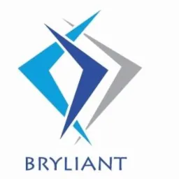 Logo firmy Bryliant: abstrakcyjny symbol składający się z niebieskiego rombu i dwóch stylizowanych bumerangów w odcieniach niebieskiego i szarego, umieszczonych nad nazwą firmy pisaną dużą, prostą...