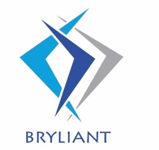Logo firmy Bryliant: abstrakcyjny symbol składający się z niebieskiego rombu i dwóch stylizowanych bumerangów w odcieniach niebieskiego i szarego, umieszczonych nad nazwą firmy pisaną dużą, prostą...