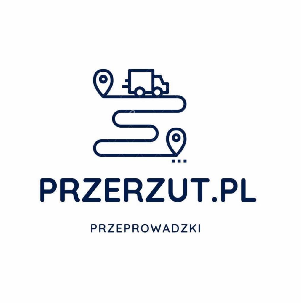 Grafika liniowa przedstawiająca logo firmy PRZERZUT.PL z ikoną ciężarówki na trasie między dwoma znacznikami lokalizacji, z napisem 'PRZEPROWADZKI' poniżej.