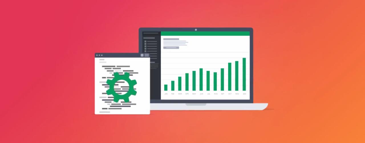 Ilustracja wektorowa: laptop z wykresem słupkowym wzrostu i okno z ikoną koła zębatego symbolizujące konfigurację.
