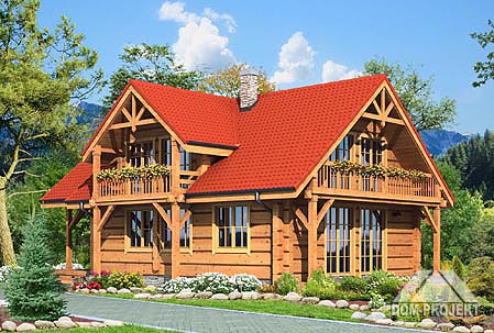 Dwukondygnacyjny dom z bali klejonych z czerwonym dachem, balkonami zdobionymi kwiatami i kamiennym kominem, otoczony zielenią i dekoracyjnym ogrodem.