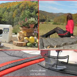 Montaż kolażu: Maszyna do szycia JUKI na drewnianym stole z dekoracjami ogrodowymi, kobieta w skórzanej spódnicy z czerwonymi paskami siedząca na drewnianych belkach na tle jesiennego krajobrazu...