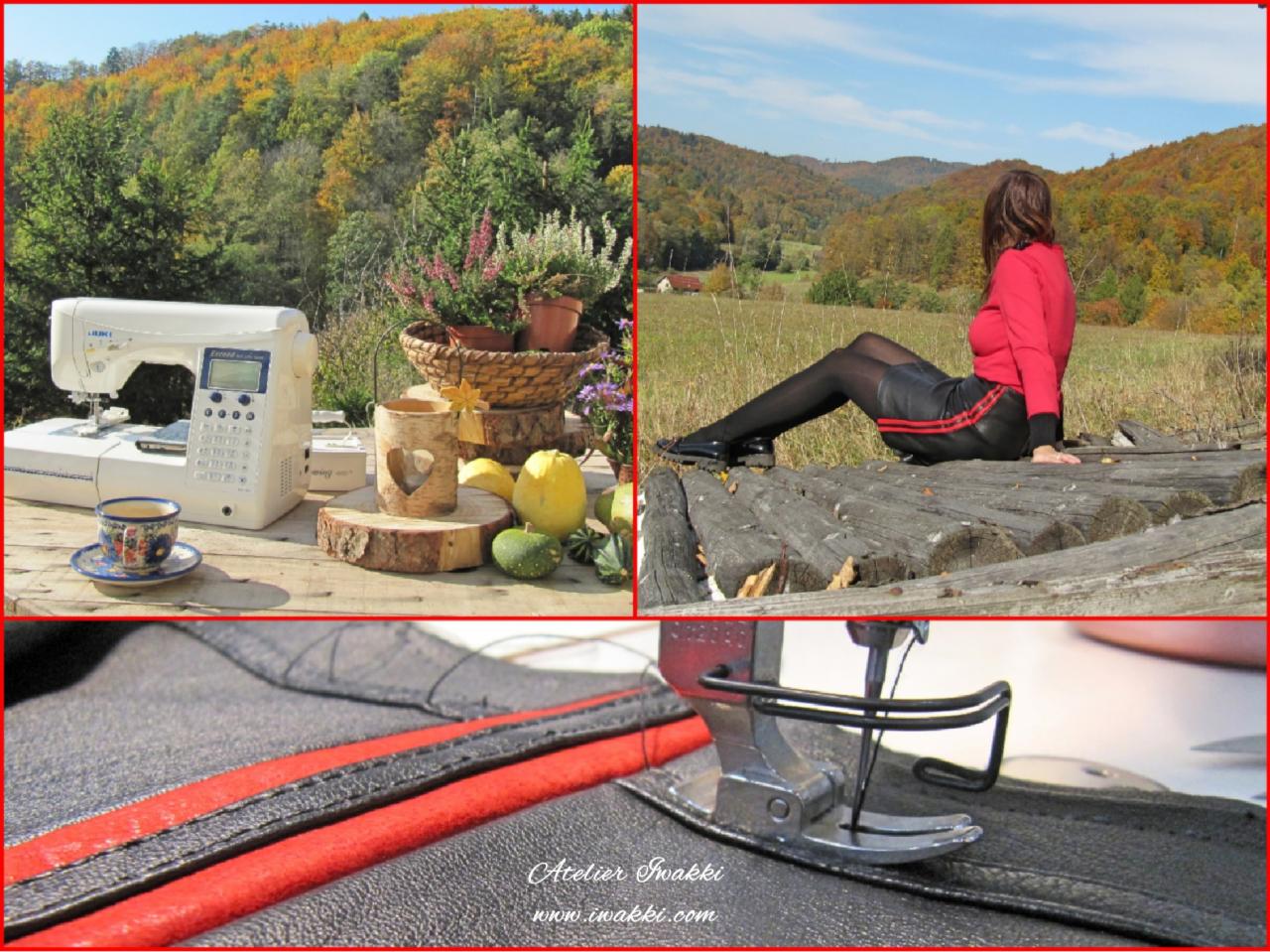 Montaż kolażu: Maszyna do szycia JUKI na drewnianym stole z dekoracjami ogrodowymi, kobieta w skórzanej spódnicy z czerwonymi paskami siedząca na drewnianych belkach na tle jesiennego krajobrazu...