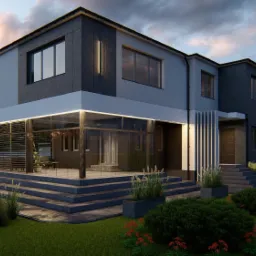Wizualizacja dwukondygnacyjnego domu z przeszklonym tarasem, nowoczesną elewacją w odcieniach szarości i minimalistycznym ogrodem z ozdobnymi trawami.