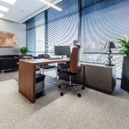 Nowoczesne biuro z drewnianym biurkiem, ergonomicznym krzesłem i dużym oknem z żaluzjami. Na ścianie mapa świata i czarna sofa. Rośliny doniczkowe w geometrycznych donicach.