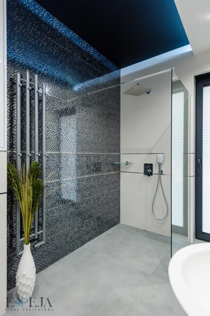 Nowoczesna łazienka z mozaikową ścianą, przeszkloną kabiną prysznicową typu walk-in, grzejnikiem drabinkowym i dekoracyjną trawą w białym wazonie.