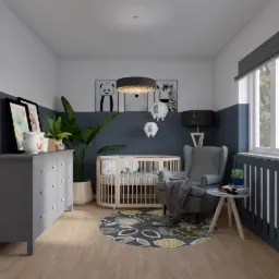Pokój dziecięcy w odcieniach szarości i błękitu z okrągłym łóżeczkiem, komodą, fotelem i dywanem w liście, oświetlony lampami wiszącymi w kształcie chmurek i pandy.